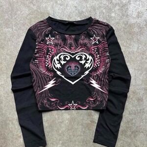 Kollyy Ed Hardy style black & pink long sleeve top  Women's Size Small